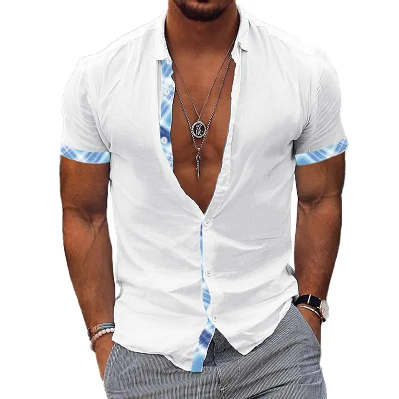 Men's Colorblock Lapel Short Sleeve Casual Shirt 60506980Z sold by Manly
