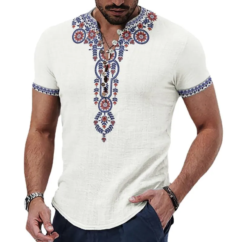 Men's Vintage Ethnic Print Henley Collar Short Sleeve Shirt 58050834Y sold by Manly