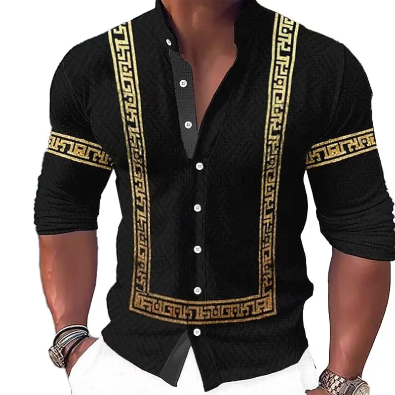 Men's Retro Print Stand Collar Long Sleeve Shirt 75360760X sold by Manly