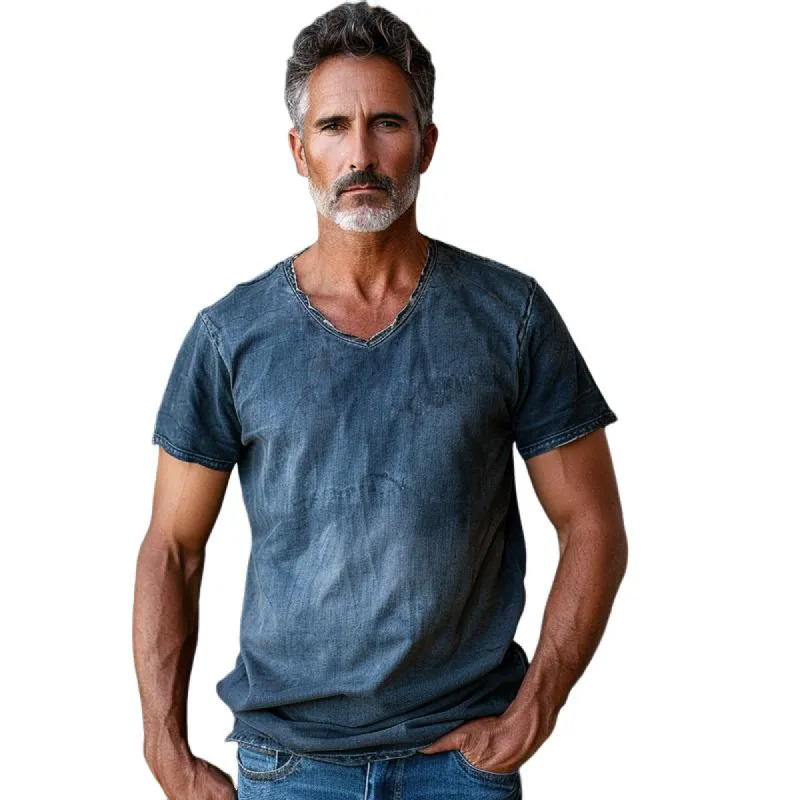 Men's V-neck Washed Denim Short-sleeved T-shirt 79807269X sold by Manly
