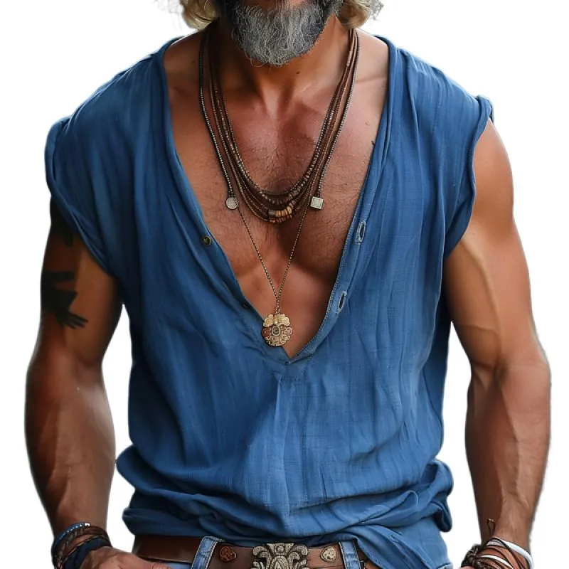Men's Solid Color Buttons V Neck Sleeveless Shirt 61542332Z sold by Manly