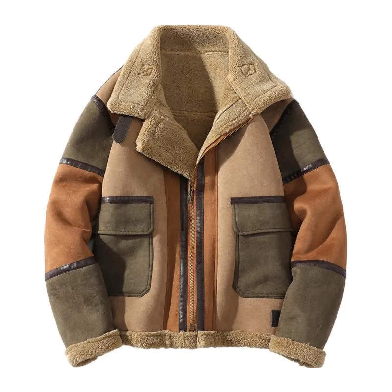 Men's Casual Color Block Lapel Warm Shearling Jacket 31363803Y sold by Manly