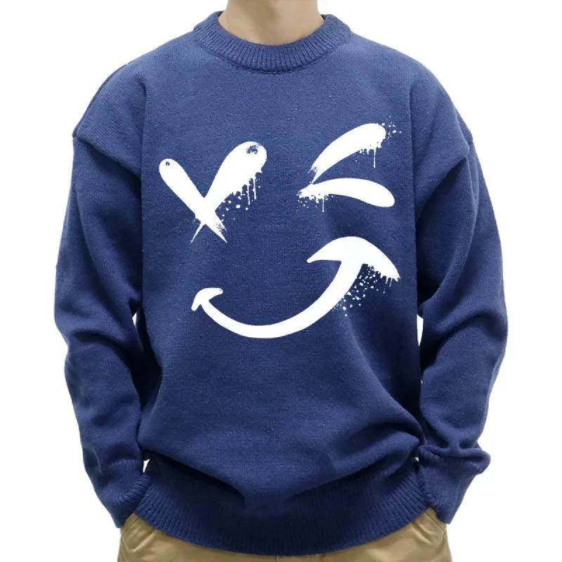 Men's Casual Round Neck Smiley Print Long Sleeve Pullover Sweater 07623178M sold by Manly