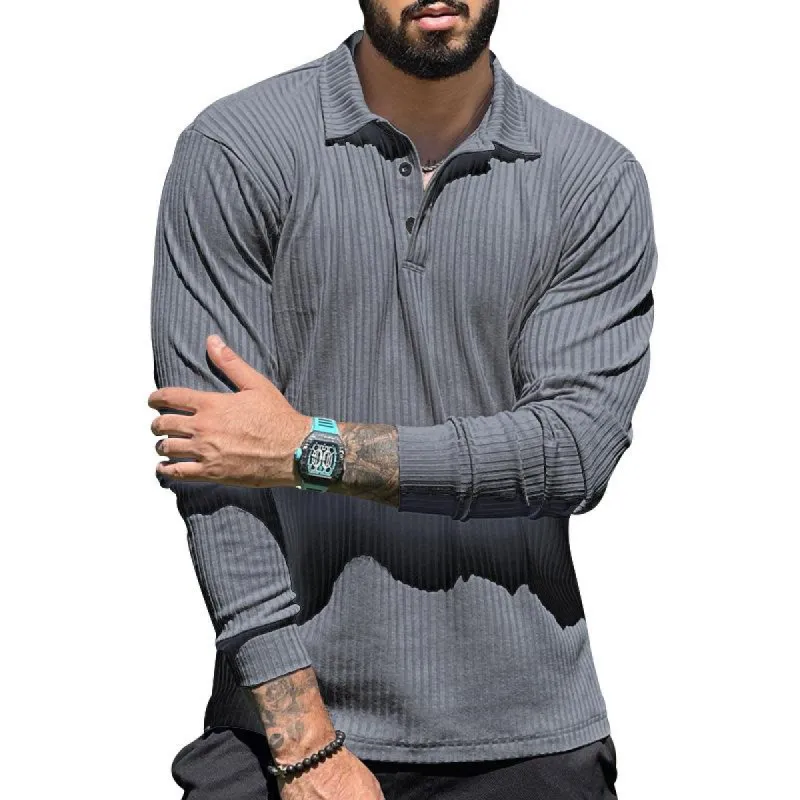 Men's Casual Lapel Solid Color Long Sleeve Polo Shirt 69584762M sold by Manly