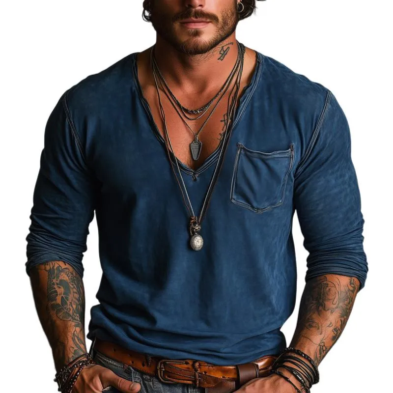 Men's Solid Color V Neck Chest Pocket Long Sleeve Cargo T-shirt 22070182Z sold by Manly