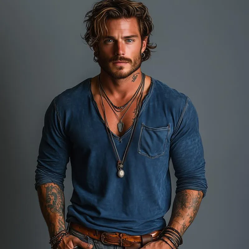 Men's Solid Color V Neck Chest Pocket Long Sleeve Cargo T-shirt 22070182Z sold by Manly product image thumbnail 3