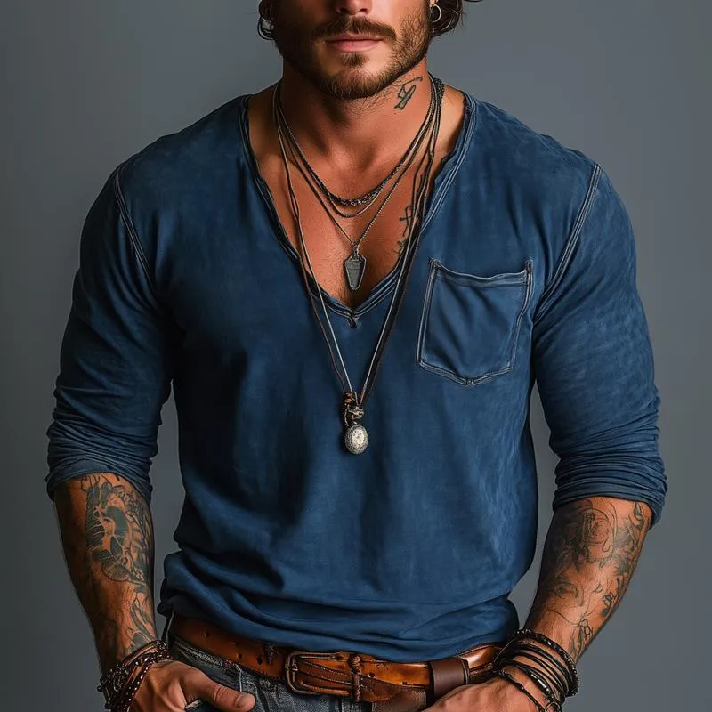 Men's Solid Color V Neck Chest Pocket Long Sleeve Cargo T-shirt 22070182Z sold by Manly product image thumbnail 2