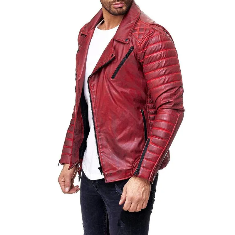 Men's Vintage Distressed Panel Zipper Lapel Long Sleeve Leather Jacket 68752078M sold by Manly product image thumbnail 5