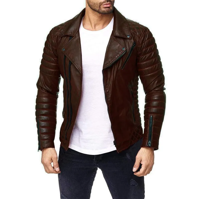 Men's Vintage Distressed Panel Zipper Lapel Long Sleeve Leather Jacket 68752078M sold by Manly