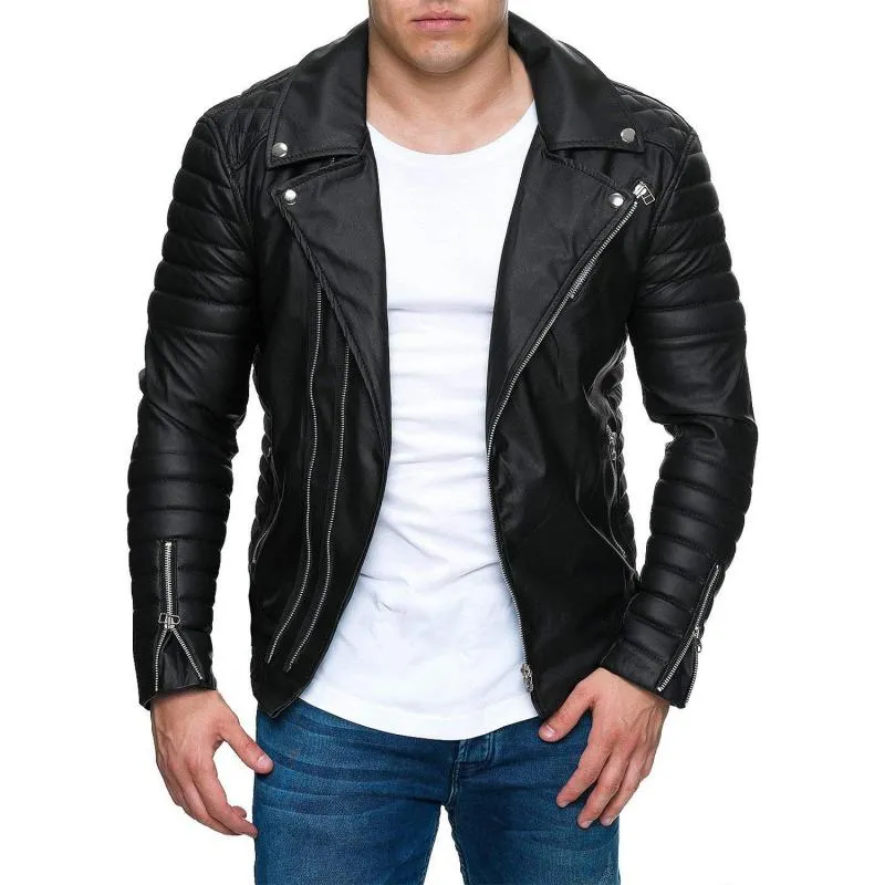 Men's Vintage Distressed Panel Zipper Lapel Long Sleeve Leather Jacket 68752078M sold by Manly product image thumbnail 2