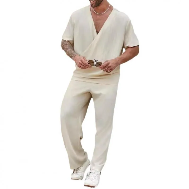 Men's Casual V-neck Cotton Linen Short-sleeved T-shirt Loose Pants Set 79400738M sold by Manly