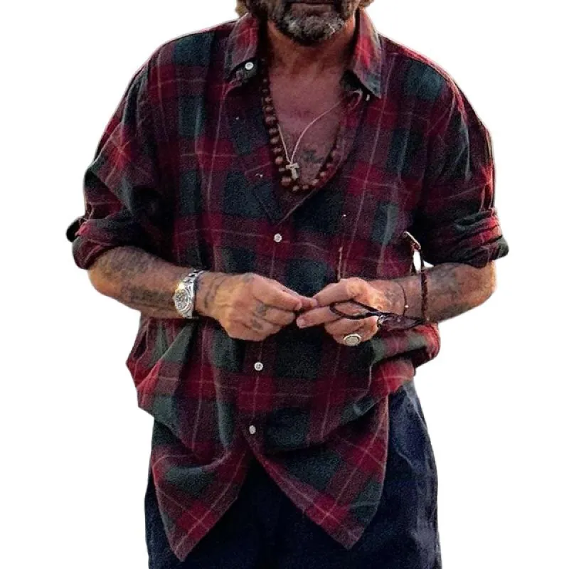 Men's Retro Casual Lapel Plaid Print Shirt 55388376TO sold by Manly