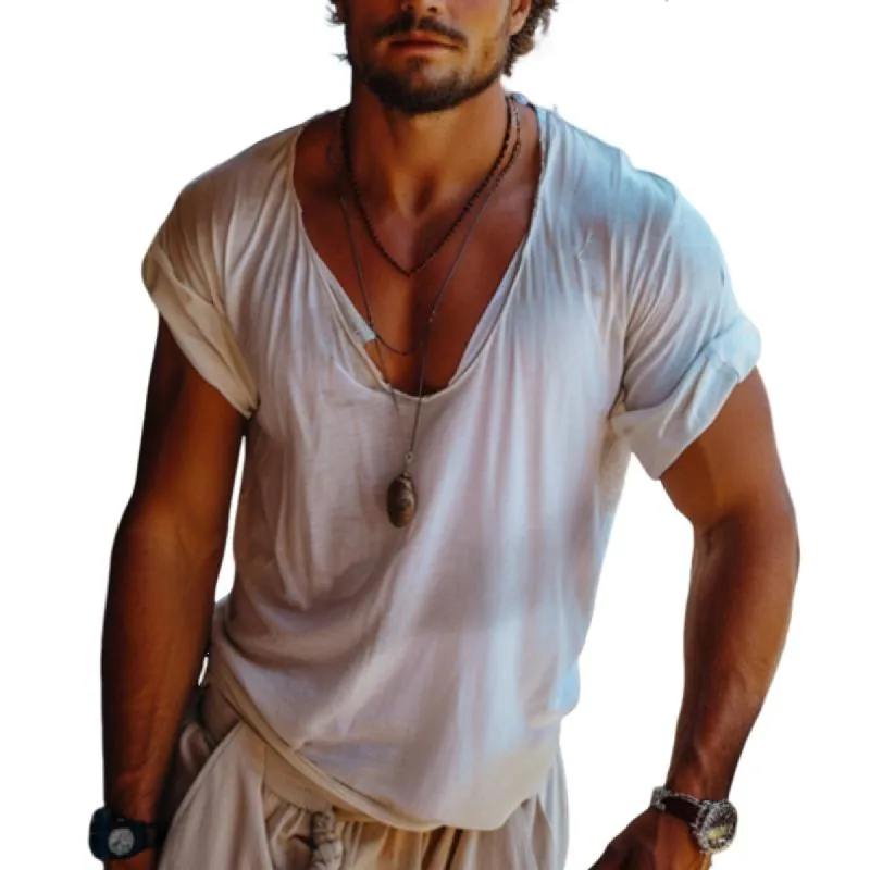 Men's Casual V-neck Thin Cotton Blended Short Sleeve T-shirt 33876844M sold by Manly