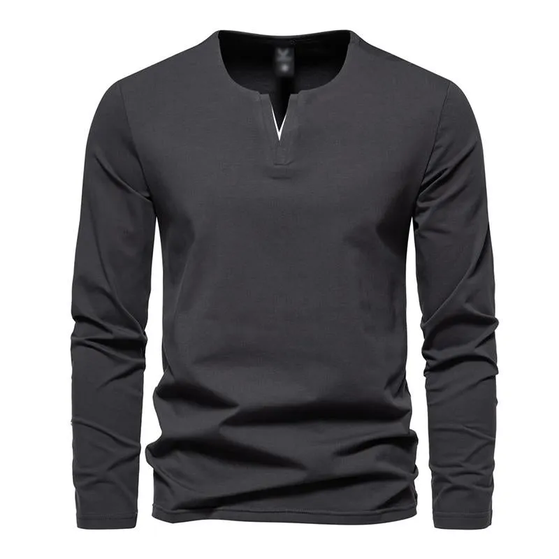 Men's Casual Solid Color V-Neck Loose Long-Sleeved T-Shirt 74143163M sold by Manly