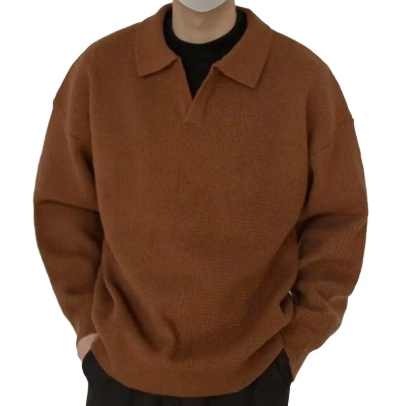 Men's Retro Lapel V-neck Long-sleeved Loose Knitted Pullover Sweater 20617834X sold by Manly