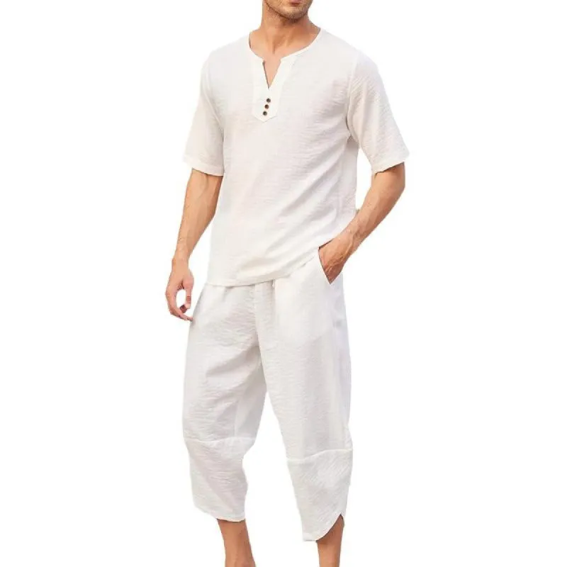 Men's Casual V-Neck Short-Sleeved Slim T-Shirt Elastic Waist Cropped Pants Set 81432728M sold by Manly