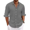Men's Casual Solid Color Cotton Linen Long Sleeve Lapel Shirt 72929978M sold by Manly