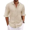 Men's Casual Solid Color Cotton Linen Long Sleeve Lapel Shirt 72929978M sold by Manly