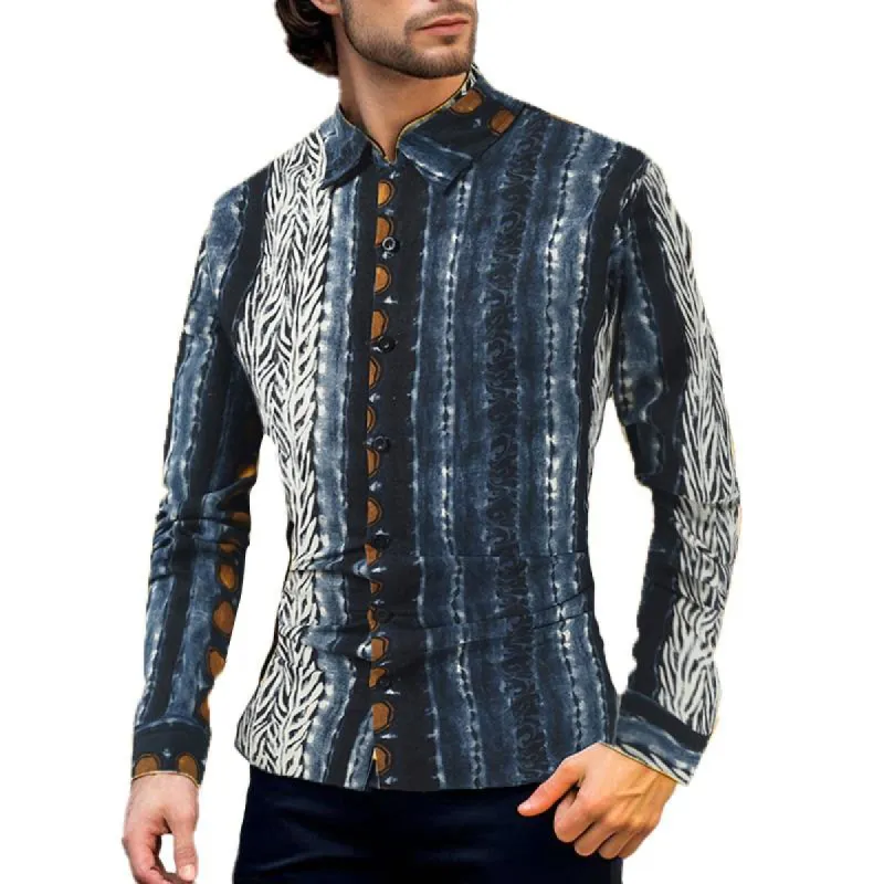 Men's Retro Ethnic Print Lapel Long Sleeve Shirt 60504814Y sold by Manly