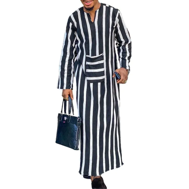 Men's Loose Stripe Print Pocket V-Neck Long Sleeve Robe 80536021Y sold by Manly