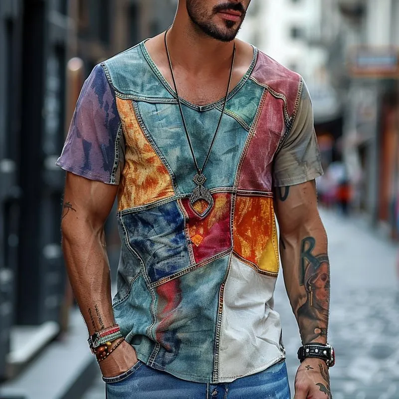 Men's Casual V-neck Color Block Printed Short-sleeved T-shirt 87945027M sold by Manly product image thumbnail 2