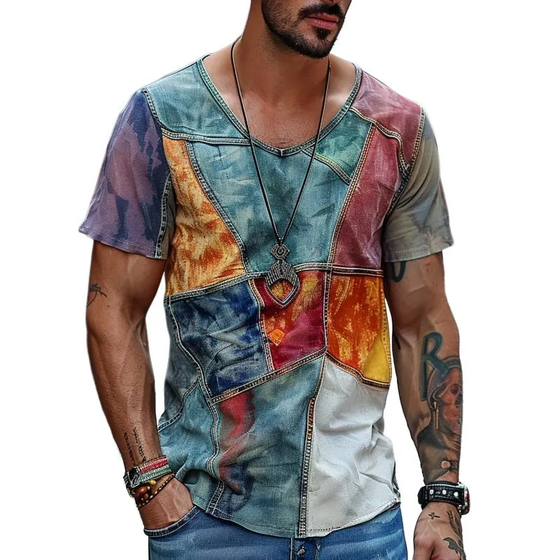 Men's Casual V-neck Color Block Printed Short-sleeved T-shirt 87945027M sold by Manly
