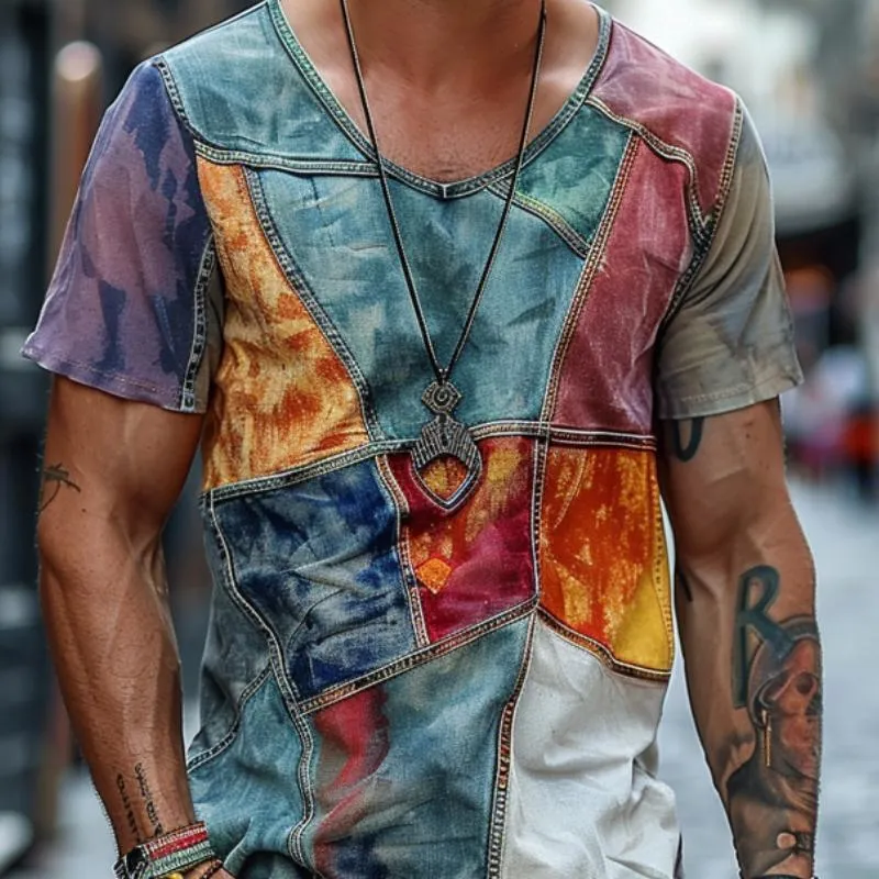 Men's Casual V-neck Color Block Printed Short-sleeved T-shirt 87945027M sold by Manly product image thumbnail 3