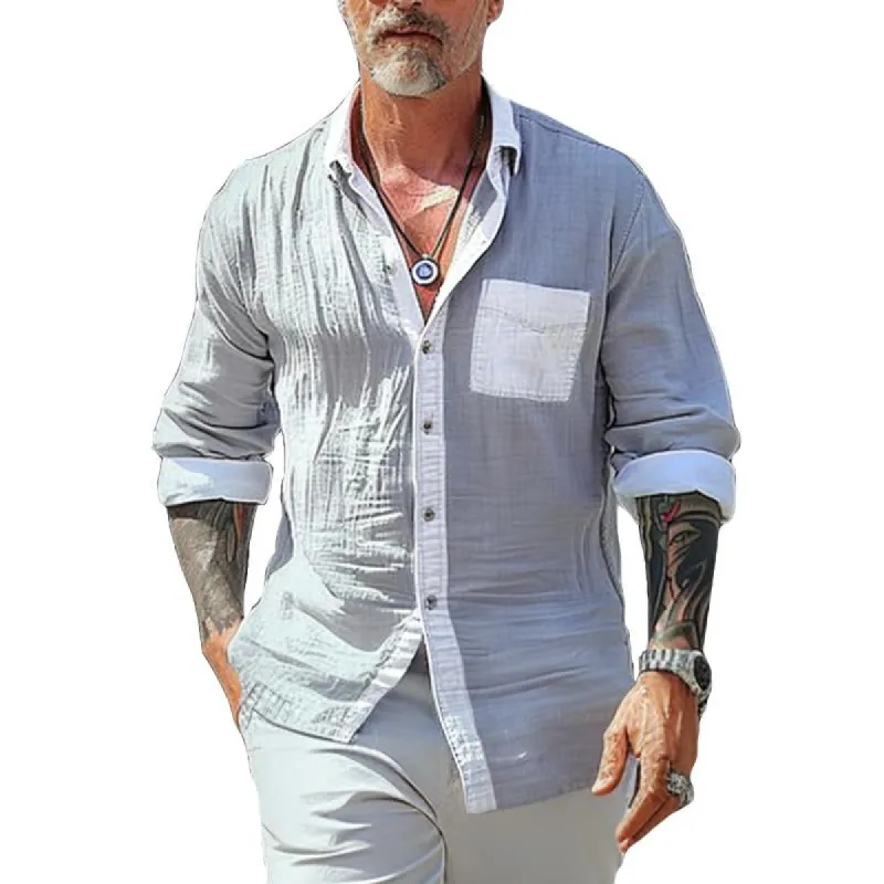 Men's Casual Patchwork Cotton and Linen Long-sleeved Shirt 17367131TO sold by Manly