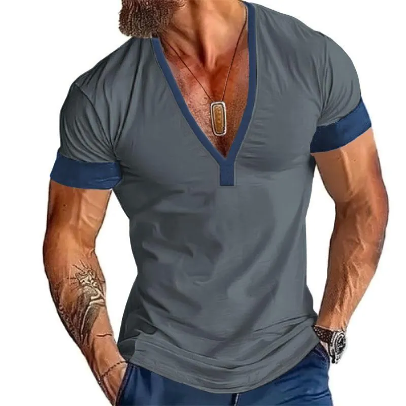 Men's Casual Cotton Blend Color Block V-Neck Short Sleeve T-Shirt 32802016M sold by Manly
