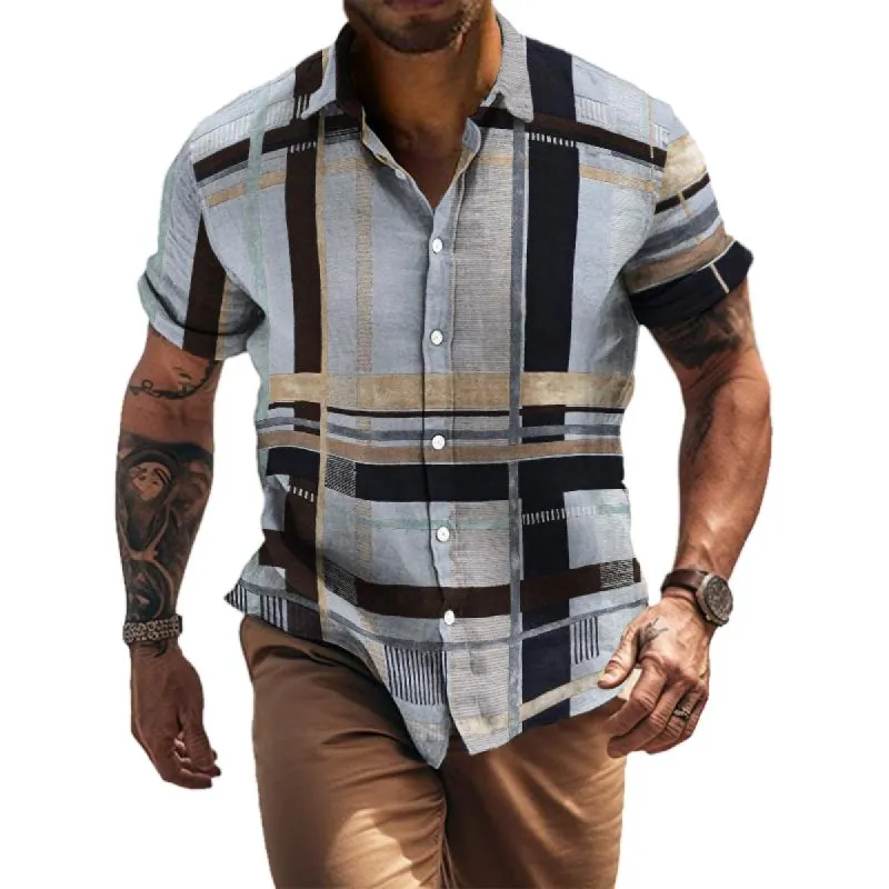 Men's Casual Plaid Colorblock Lapel Short-sleeved Shirt 67020217TO sold by Manly