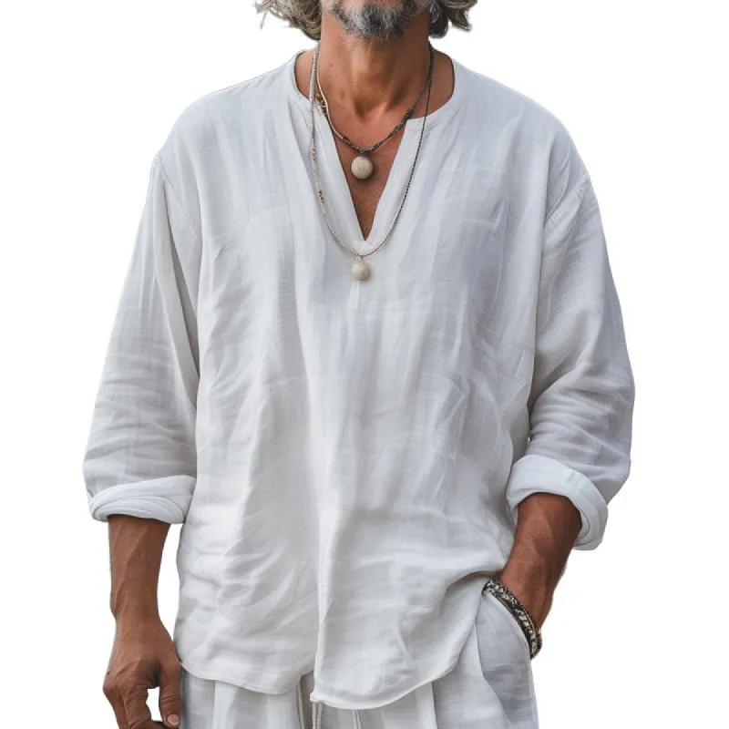 Men's Solid Cotton And Linen V Neck Long Sleeve Shirt 22280703Z sold by Manly
