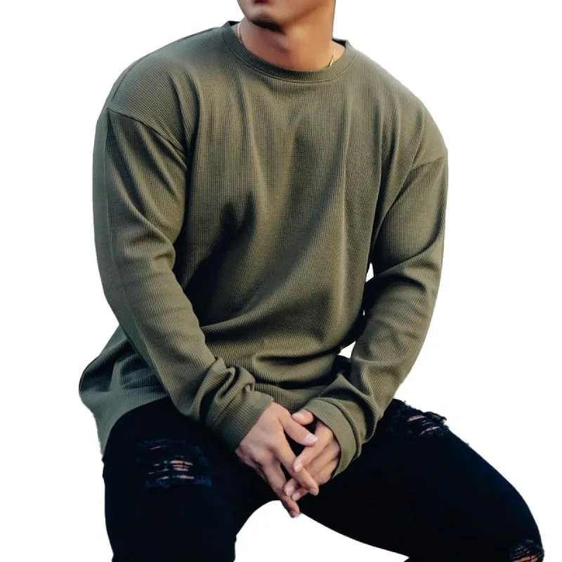 Men's Solid Color Loose Round Neck Long Sleeve T-shirt 92840256Z sold by Manly