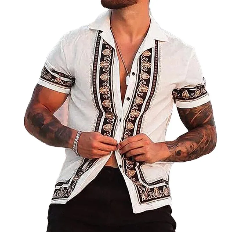 Men's Retro Printed Patchwork Lapel Short Sleeve Shirt 16682889Y sold by Manly