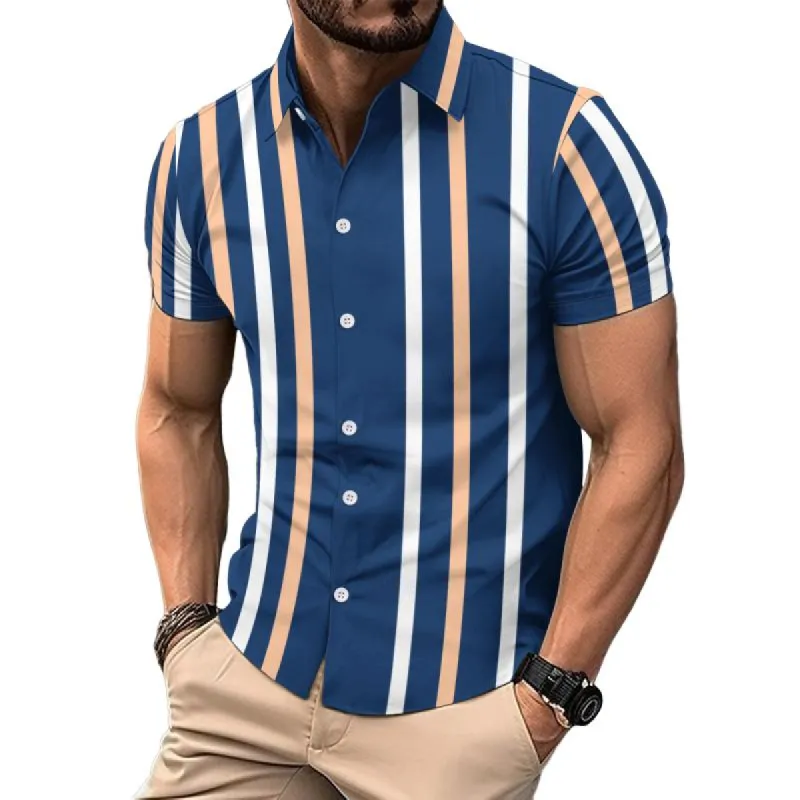 Men's Casual Striped Printed Lapel Short Sleeve Polo Shirt 73932839Y sold by Manly