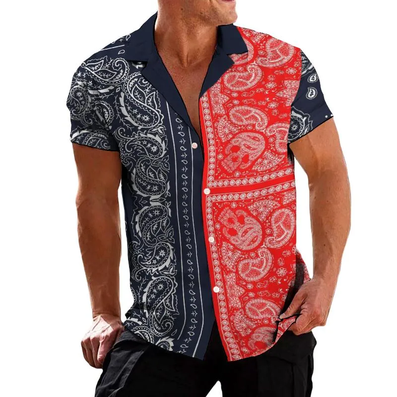 Men's Vintage Color Block Perris Cashew Flower Short Sleeve Shirt 70096440TO sold by Manly