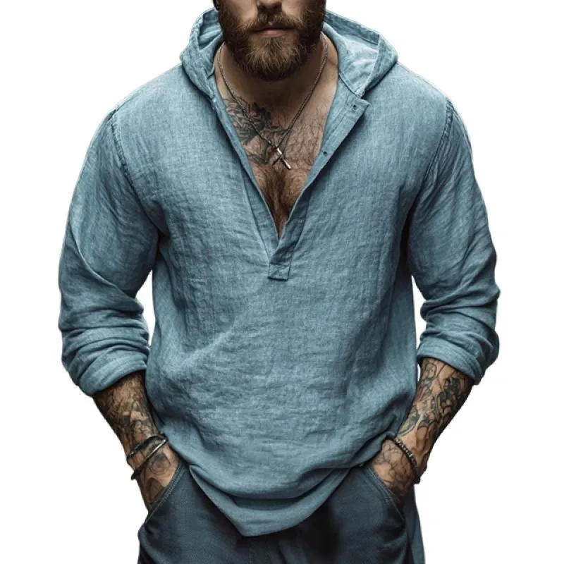 Men's Retro Casual Solid Color Cotton and Linen Hooded Long Sleeve Shirt 77518116TO sold by Manly
