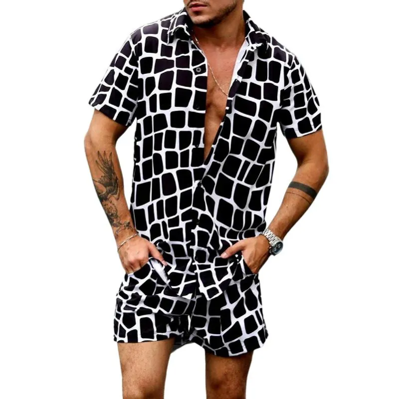 Men's Square Print Short Sleeve Shirt and Shorts Set 85163391Y sold by Manly