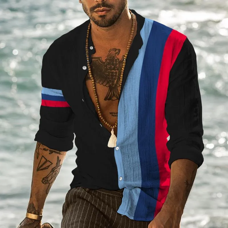 Men's Retro Striped Beach Stand Collar Long Sleeve Shirt 48886972TO sold by Manly product image thumbnail 2