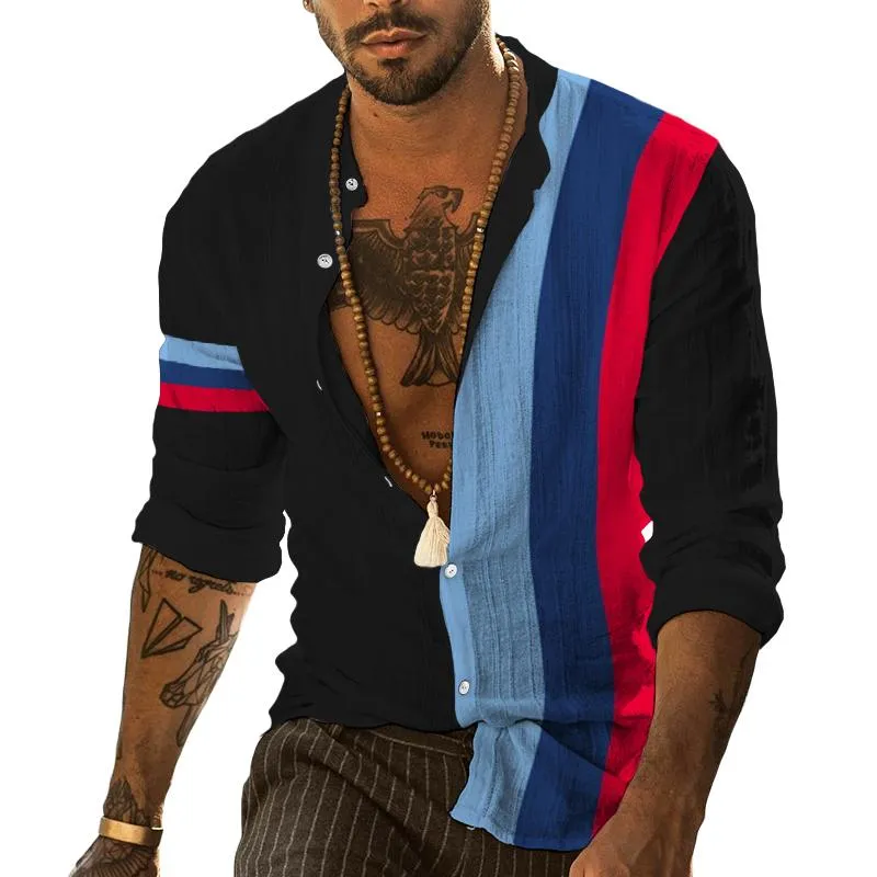 Men's Retro Striped Beach Stand Collar Long Sleeve Shirt 48886972TO sold by Manly