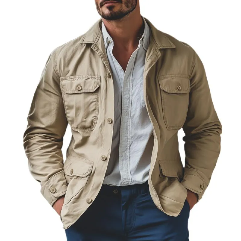 Men's Retro Solid Color Lapel Multi-pocket Cargo Jacket 84975571Z sold by Manly