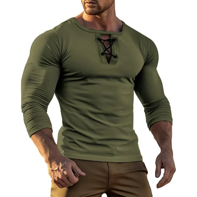 Men's Casual Solid Color Strappy Round Neck Long Sleeve T-Shirt 72584461Y sold by Manly