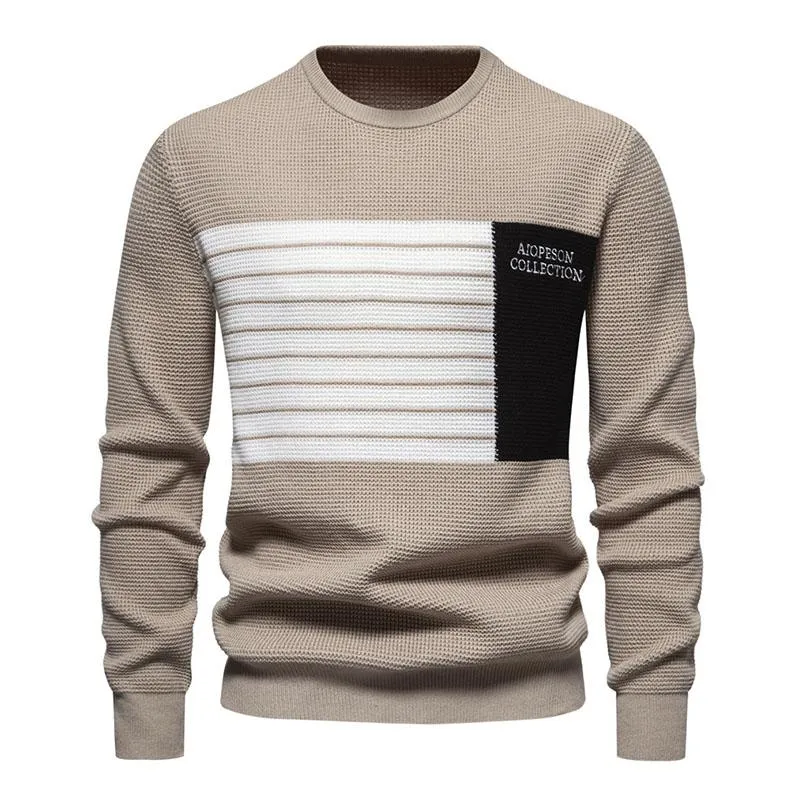Men's Casual Contrast Stripe Patchwork Round Neck Long Sleeve Knitted Sweater 26118490M sold by Manly product image thumbnail 3