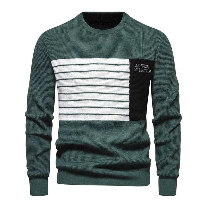 Men's Casual Contrast Stripe Patchwork Round Neck Long Sleeve Knitted Sweater 26118490M sold by Manly