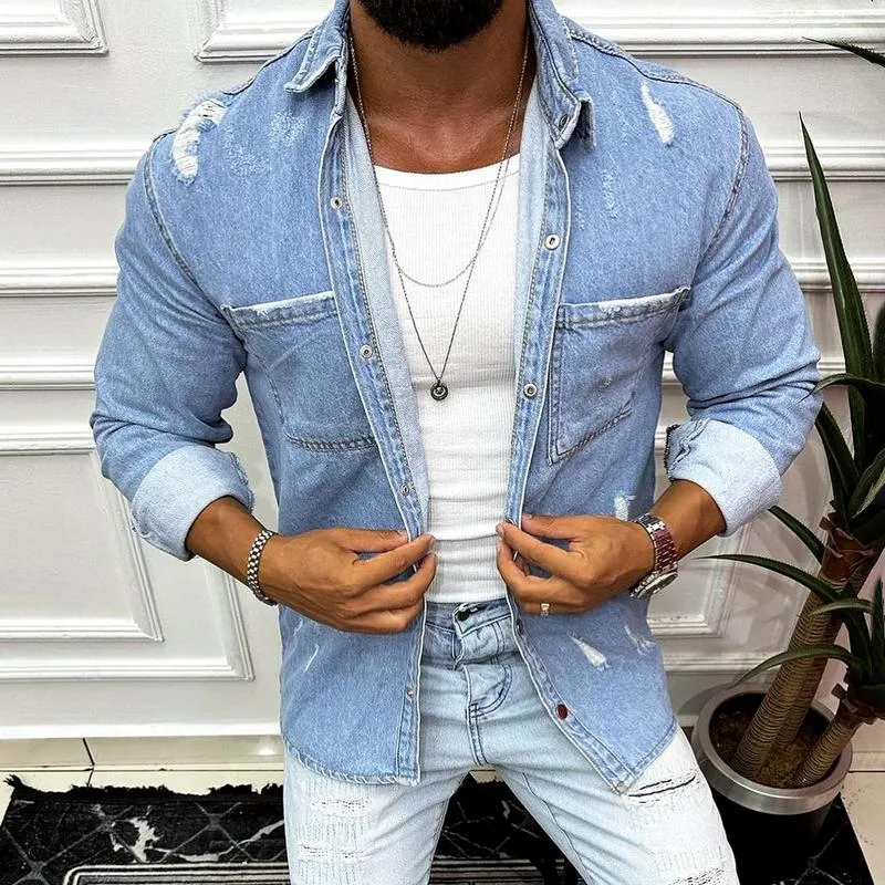 Men's Fashion Distressed Lapel Breast Pocket Long Sleeve Denim Shirt 55472969Z sold by Manly product image thumbnail 2