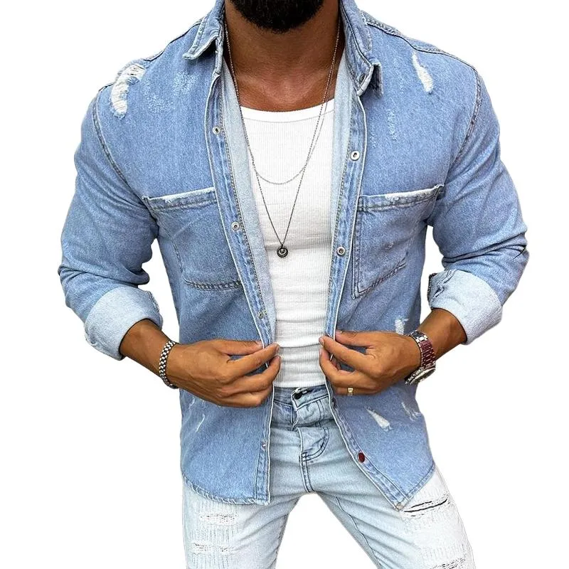 Men's Fashion Distressed Lapel Breast Pocket Long Sleeve Denim Shirt 55472969Z sold by Manly