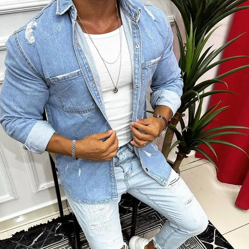Men's Fashion Distressed Lapel Breast Pocket Long Sleeve Denim Shirt 55472969Z sold by Manly product image thumbnail 3