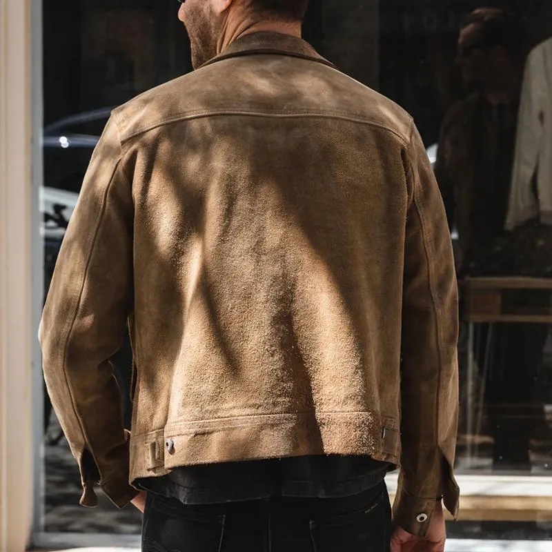 Men's Suede Lapel Multi-pocket Zipper Jacket 76996729Z