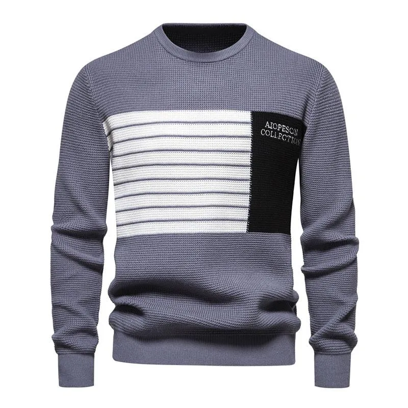 Men's Casual Contrast Stripe Patchwork Round Neck Long Sleeve Knitted Sweater 26118490M sold by Manly product image thumbnail 2