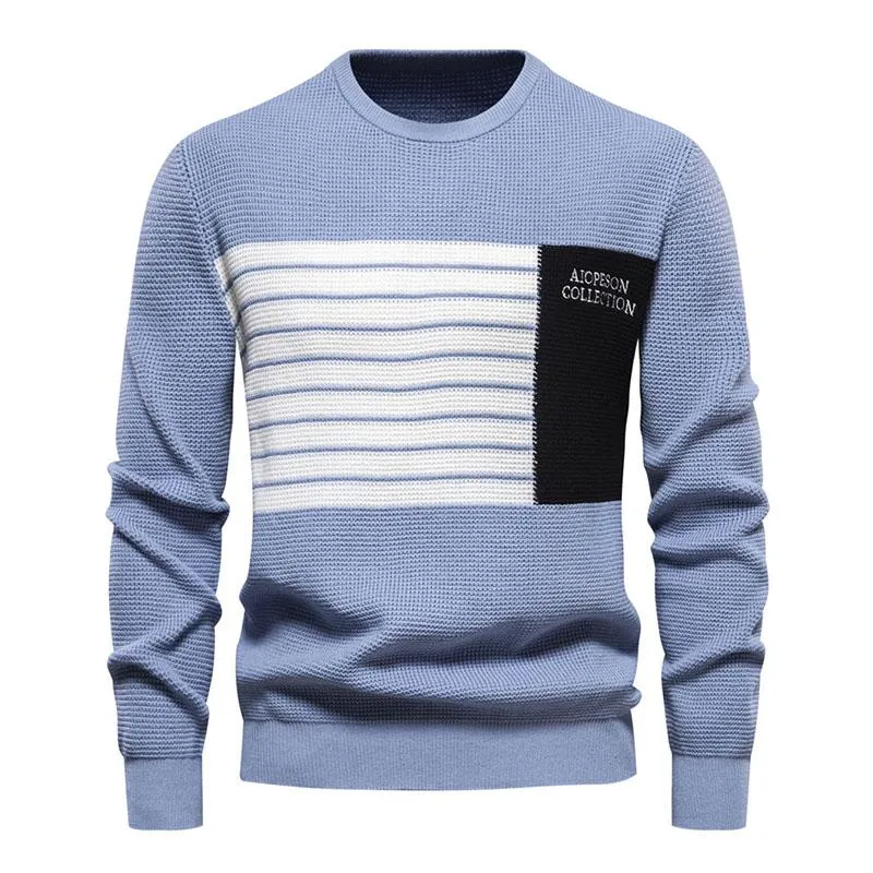 Men's Casual Contrast Stripe Patchwork Round Neck Long Sleeve Knitted Sweater 26118490M sold by Manly product image thumbnail 4
