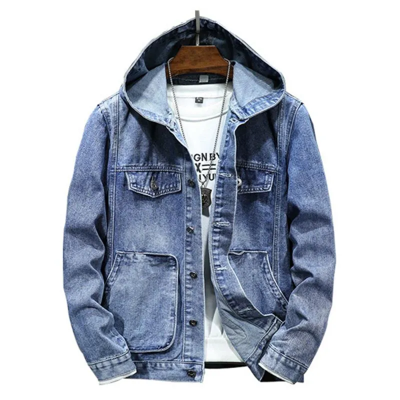Men's Retro Washed Hooded Multi-pocket Denim Jacket 83429358Z sold by Manly